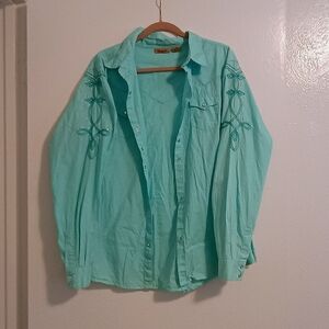 Wrangler Womens Aqua Embroidered Casual Shirt
